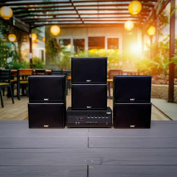 Dàn loa treo tường: Amply A384PU - 6K + 6 V130PU, Amply 4 - 6 vùng âm lượng, loa được thiết kế riêng, bật lớn không tạp âm, miễn phí công lắp đặt, bảo hành dài hạn 5 năm.