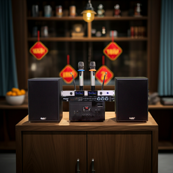 DÀN KARAOKE GOLD120A: (AMPLY 900W + 2 V120 120W + bộ micro không dây + vang) - Hàng trưng bày đồng giá cuối năm