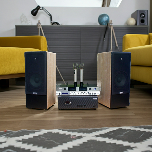 Dàn loa cây karaoke gia đình K385 vân gỗ sáng (01 amply 1200w + 02 loa 380w + 01 vang cơ + bộ Micro không dây)