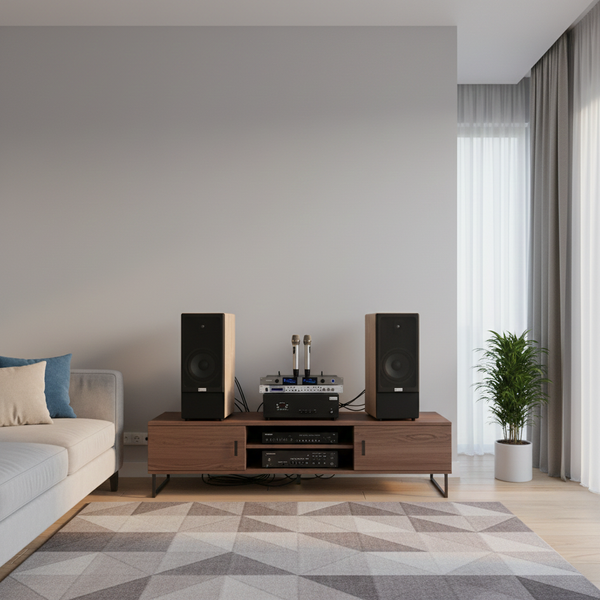 Dàn loa cây karaoke gia đình K385 vân gỗ sáng (01 amply 1200w + 02 loa 380w + 01 vang cơ + bộ Micro không dây)