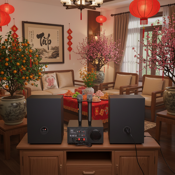 DÀN KARAOKE GOLD120MI: (AMPLY 900W tích hợp Micro không dây + 2 V120 120W)