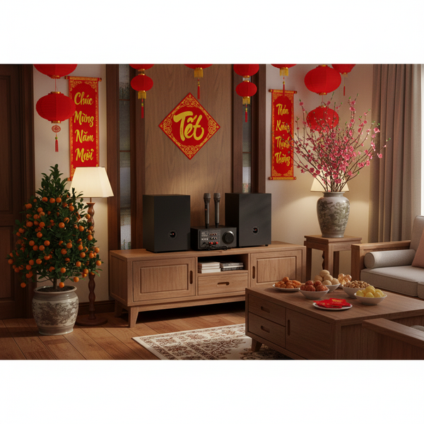 DÀN KARAOKE GOLD120MI: (AMPLY 900W tích hợp Micro không dây + 2 V120 120W)