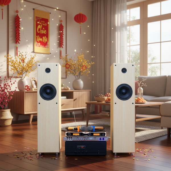 Dàn loa cây karaoke gia đình K386 (01 đẩy 1200w + 01 Vang + 01 bộ Micro không dây + loa 386) - Hàng trưng bày đồng giá cuối năm