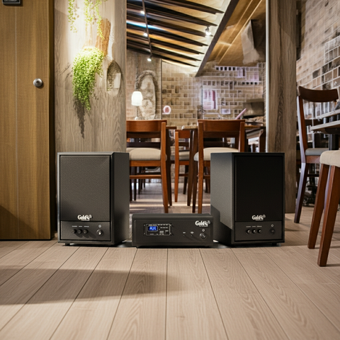 Dàn loa không dây treo tường, Loa thông báo, loa phát nhạc tự động: 01 amply A57 Goldsound + 2 loa không dây Goldsound V57 - 57w