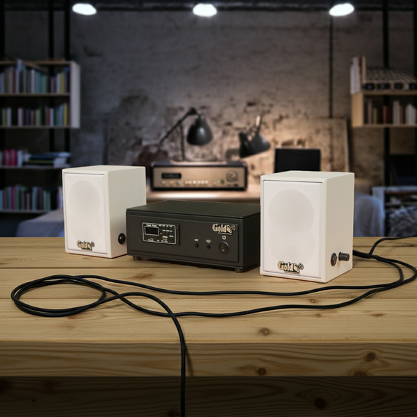 Dàn loa không dây treo tường, Loa thông báo, loa phát nhạc tự động: 01 amply A57 Goldsound + 2 loa không dây Goldsound V27 - 27w