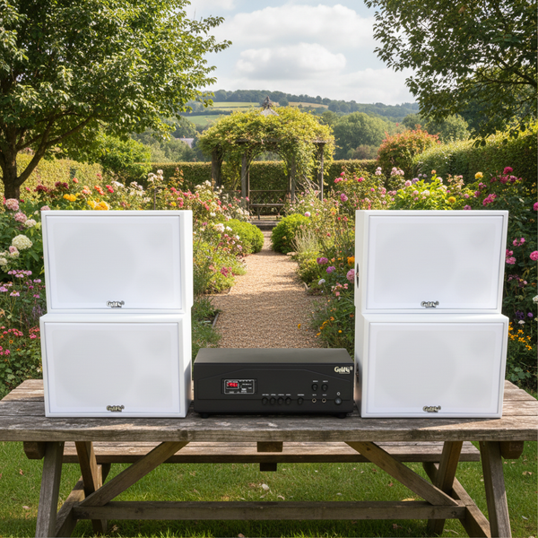 Dàn loa sân vườn: Amply A917PU-2K 2 vùng âm lượng 1200w + 4 loa ngoài trời V130NT màu trắng 130w, loa được thiết kế riêng cho quán, bật lớn không tạp âm, miễn phí công lắp đặt, bảo hành 12 tháng