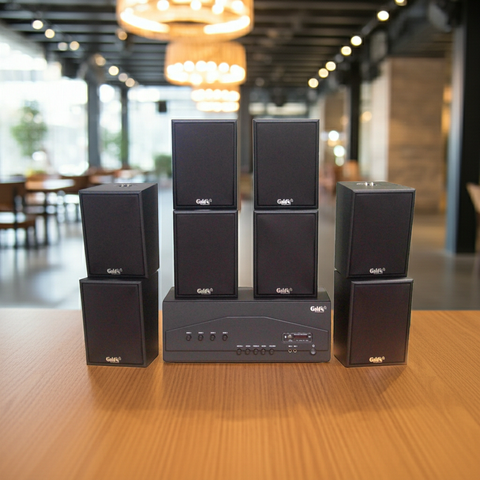 Dàn loa treo tường thông báo, phát nhạc nền tự động: Amply A917PU-4K 4 vùng âm lượng 1500w + 8 loa Goldsound treo tường V55C 55w, loa được thiết kế riêng cho quán, bật lớn không tạp âm, miễn phí công lắp đặt, bảo hành dài hạn 5 năm.