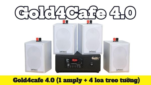 Dàn loa treo tường phát nhạc nền Gold4Cafe 4.0: Amply A2.0 + 4 loa treo tường V12 màu trắng, Amply, loa được thiết kế riêng cho quán, bật lớn không tạp âm, bảo hành dài hạn 5 năm.