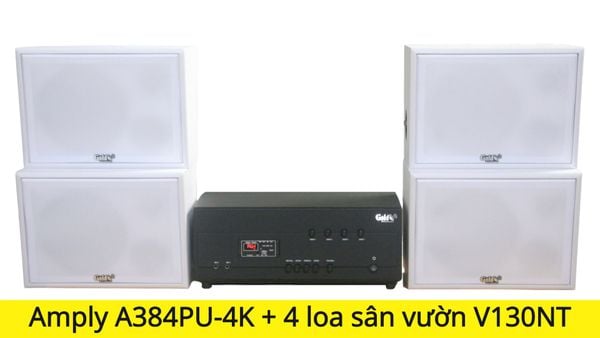 Dàn loa sân vườn: Amply A384PU-4K Goldsound 4 vùng âm lượng 800w + 4 loa ngoài trời V130NT màu trắng 130w, loa được thiết kế riêng cho quán, bật lớn không tạp âm, miễn phí công lắp đặt, bảo hành 12 tháng