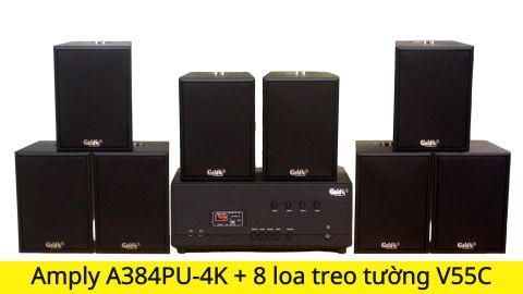 [Diện tích 160m2 + 04 Kênh] Loa thông báo, loa phát nhạc nền tự động A384PU-4K Goldsound 4 vùng âm lượng 800w + 8 loa Goldsound V55C 55w, loa được thiết kế riêng cho quán, bật lớn không tạp âm, miễn phí công lắp đặt, bảo hành dài hạn 5 năm.