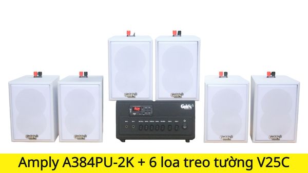 Loa thông báo, loa phát nhạc nền tự động A384PU-2K Goldsound 2 vùng âm lượng 380w + 6 loa Goldsound V25C màu trắng, loa được thiết kế riêng cho quán, bật lớn không tạp âm, miễn phí công lắp đặt, bảo hành dài hạn 5 năm.