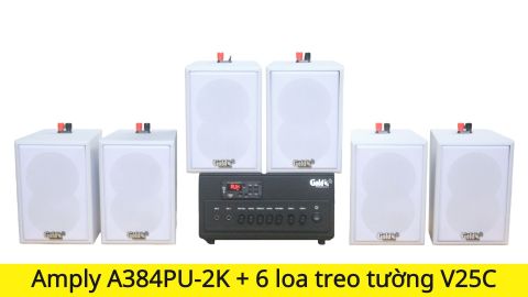 [Diện tích 120m2 + 2 Kênh] Loa thông báo, loa phát nhạc nền tự động A384PU-2K Goldsound 2 vùng âm lượng 380w + 6 loa Goldsound V25C màu trắng, loa được thiết kế riêng cho quán, bật lớn không tạp âm, miễn phí công lắp đặt, bảo hành dài hạn 5 năm.