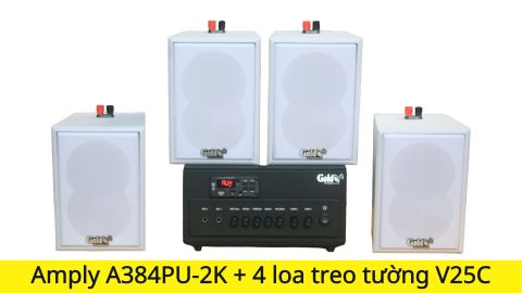 [Diện tích 80m2 + 2 Kênh] Loa thông báo, loa phát nhạc nền tự động A384PU-2K Goldsound 2 vùng âm lượng 380w + 4 loa Goldsound V25C màu trắng, loa được thiết kế riêng cho quán, bật lớn không tạp âm, miễn phí công lắp đặt, bảo hành dài hạn 5 năm.