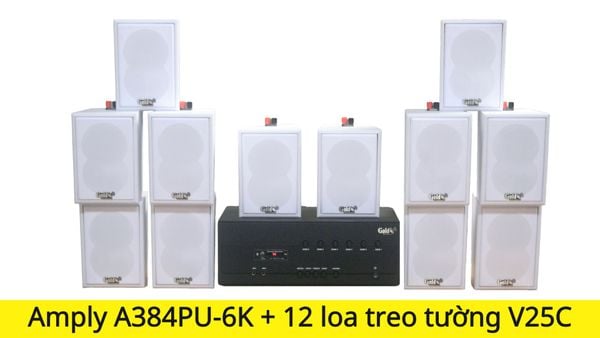 [Diện tích 240m2 + 6 Kênh] Loa thông báo, loa phát nhạc nền tự động A384PU-6K Goldsound 6 vùng âm lượng 1200w + 12 loa Goldsound V25C màu trắng, loa được thiết kế riêng cho quán, bật lớn không tạp âm, miễn phí công lắp đặt, bảo hành dài hạn 5 năm.
