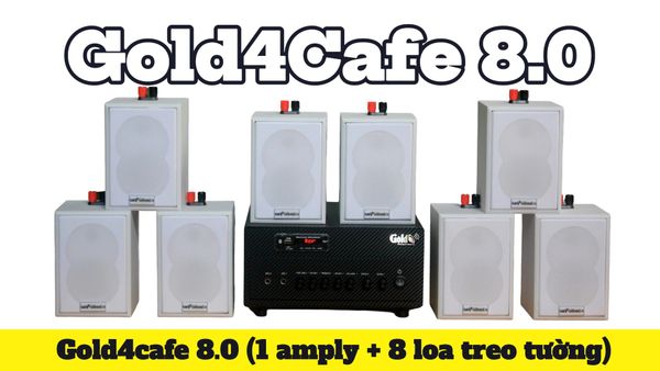 Loa treo tường thông báo phát nhạc nền tự động Gold4cafe 8.0 (01 amply + 08 loa treo tường màu trắng), Amply 2 vùng âm lượng, loa được thiết kế riêng cho quán, bật lớn không tạp âm, bảo hành dài hạn 5 năm.