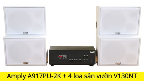 Dàn loa sân vườn: Amply A917PU-2K 2 vùng âm lượng 1200w + 4 loa ngoài trời V130NT màu trắng 130w, loa được thiết kế riêng cho quán, bật lớn không tạp âm, miễn phí công lắp đặt, bảo hành 12 tháng