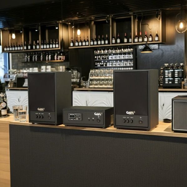 Dàn loa treo tường không dây, loa thông báo, loa phát nhạc tự động: 01 amply A50 Goldsound + 2 loa không dây C50 UHF Goldsound