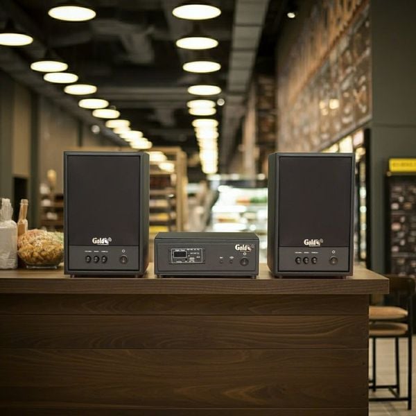 Dàn loa treo tường không dây, loa thông báo, loa phát nhạc tự động: 01 amply A50 Goldsound + 2 loa không dây C50 UHF Goldsound