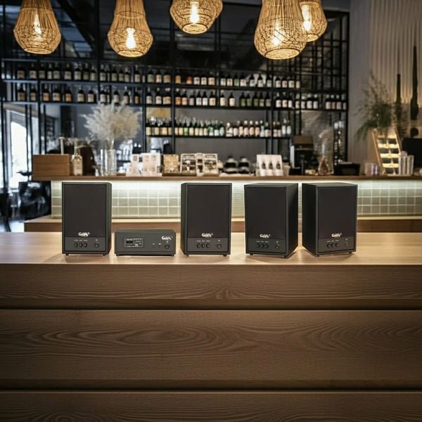 Dàn loa treo tường không dây, loa thông báo, loa phát nhạc tự động: 01 amply A50 Goldsound + 4 loa không dây C50 UHF Goldsound