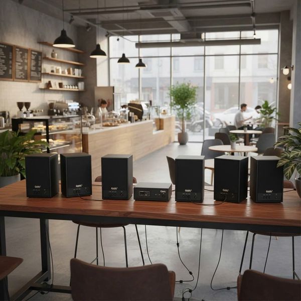 Dàn loa treo tường không dây, loa thông báo, loa phát nhạc tự động: 01 amply A50 Goldsound + 6 loa không dây C50 UHF Goldsound