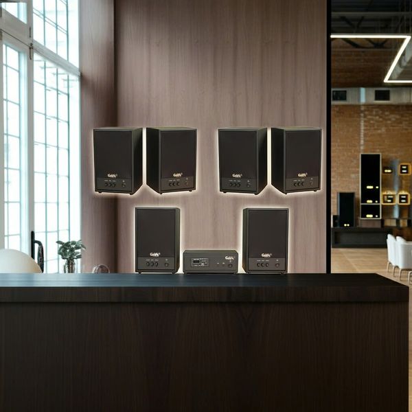 Dàn loa treo tường không dây, loa thông báo, loa phát nhạc tự động: 01 amply A50 Goldsound + 6 loa không dây C50 UHF Goldsound
