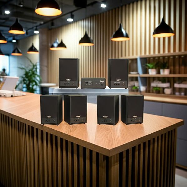 Dàn loa treo tường không dây, loa thông báo, loa phát nhạc tự động: 01 amply A50 Goldsound + 6 loa không dây C50 UHF Goldsound