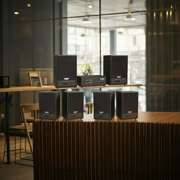 Dàn loa treo tường không dây, loa thông báo, loa phát nhạc tự động: 01 amply A50 Goldsound + 6 loa không dây C50 UHF Goldsound