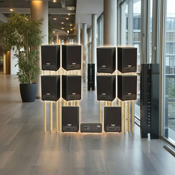 Dàn loa treo tường không dây, loa thông báo, loa phát nhạc tự động: 01 amply A50 Goldsound + 10 loa không dây C50 UHF Goldsound