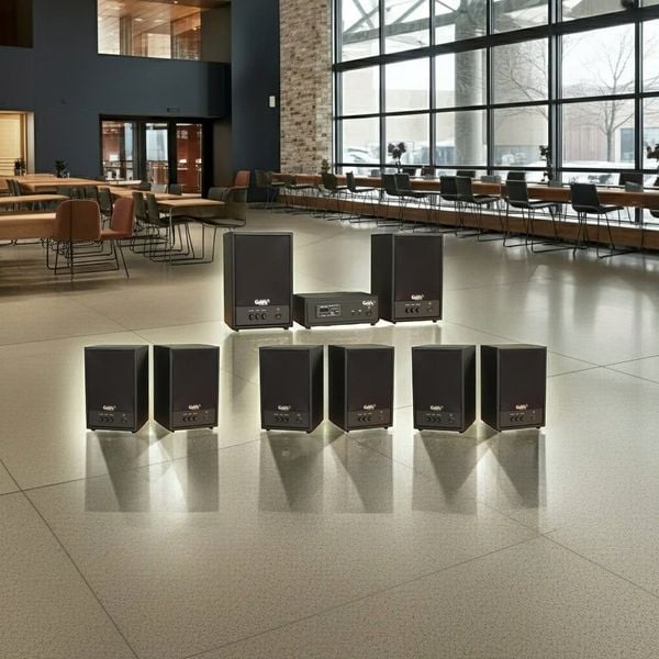 Dàn loa treo tường không dây, loa thông báo, loa phát nhạc tự động: 01 amply A50 Goldsound + 8 loa không dây C50 UHF Goldsound