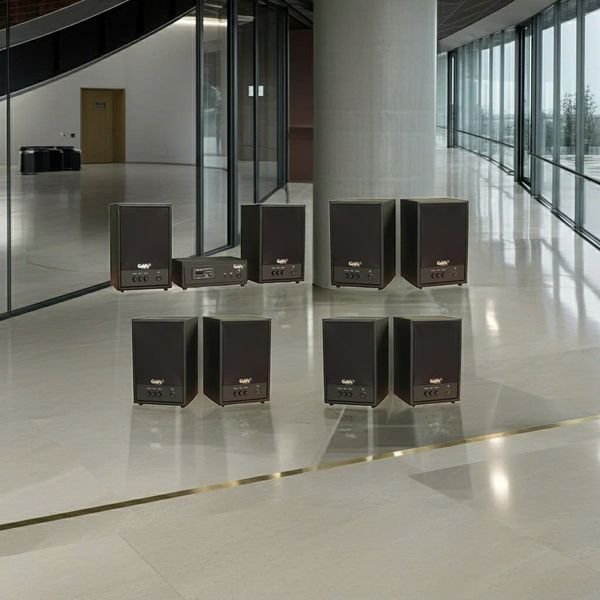 Dàn loa treo tường không dây, loa thông báo, loa phát nhạc tự động: 01 amply A50 Goldsound + 8 loa không dây C50 UHF Goldsound