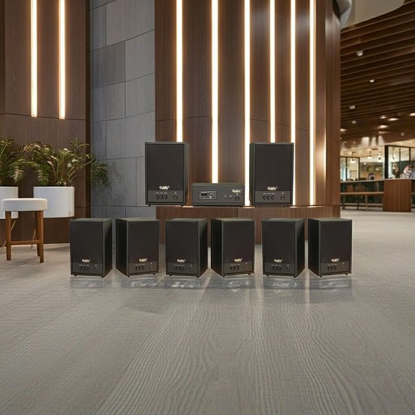 Dàn loa treo tường không dây, loa thông báo, loa phát nhạc tự động: 01 amply A50 Goldsound + 8 loa không dây C50 UHF Goldsound