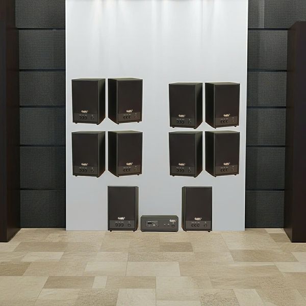 Dàn loa treo tường không dây, loa thông báo, loa phát nhạc tự động: 01 amply A50 Goldsound + 10 loa không dây C50 UHF Goldsound