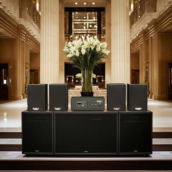 Dàn loa không dây treo tường, Loa thông báo, loa phát nhạc tự động: 01 amply A57 Goldsound + 4 loa không dây Goldsound V30 UHF - 30w