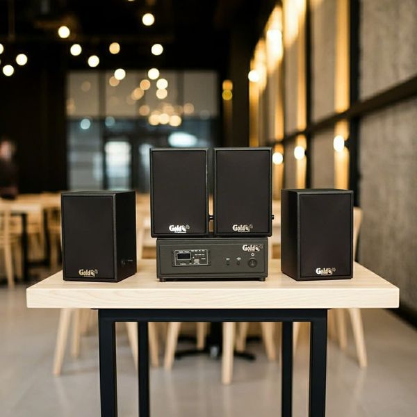 Dàn loa không dây treo tường, Loa thông báo, loa phát nhạc tự động: 01 amply A57 Goldsound + 4 loa không dây Goldsound V30 UHF - 30w