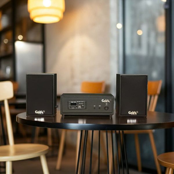 Dàn loa không dây treo tường, Loa thông báo, loa phát nhạc tự động: 01 amply A57 Goldsound + 2 loa không dây Goldsound V30 UHF - 30w