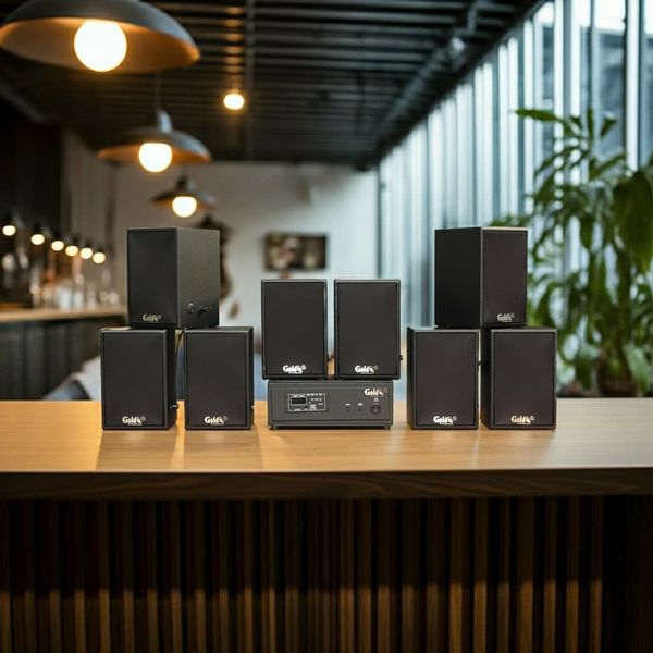 Dàn loa không dây treo tường, Loa thông báo, loa phát nhạc tự động: 01 amply A57 Goldsound + 8 loa không dây Goldsound V30 UHF - 30w