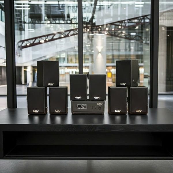 Dàn loa không dây treo tường, Loa thông báo, loa phát nhạc tự động: 01 amply A57 Goldsound + 8 loa không dây Goldsound V30 UHF - 30w