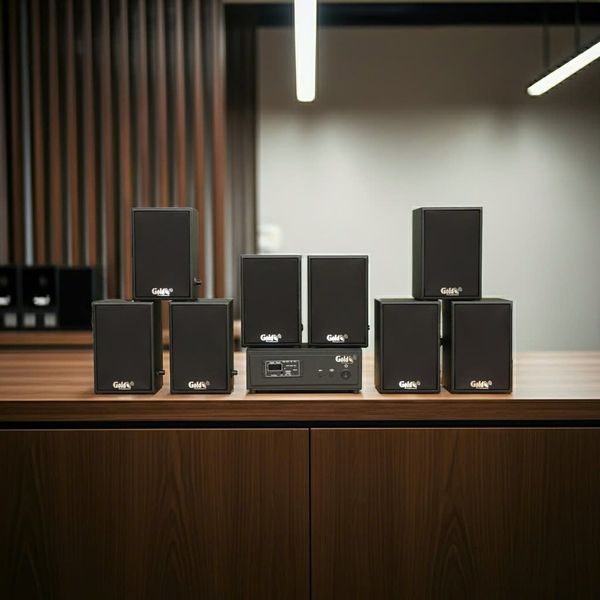 Dàn loa không dây treo tường, Loa thông báo, loa phát nhạc tự động: 01 amply A57 Goldsound + 8 loa không dây Goldsound V30 UHF - 30w