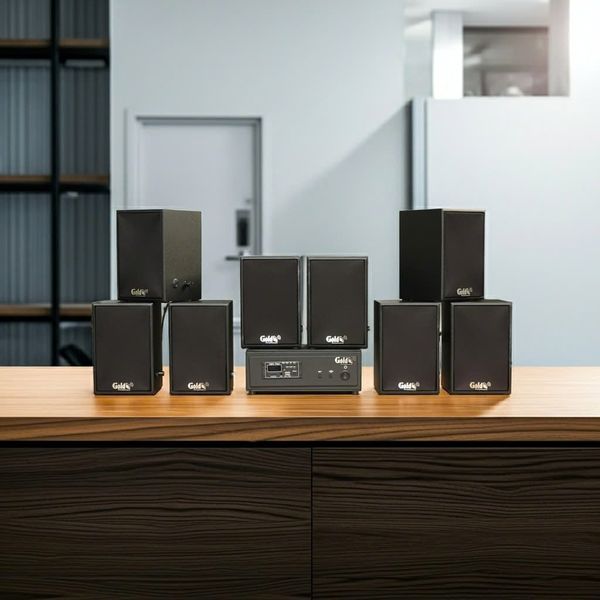 Dàn loa không dây treo tường, Loa thông báo, loa phát nhạc tự động: 01 amply A57 Goldsound + 8 loa không dây Goldsound V30 UHF - 30w