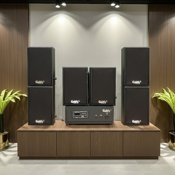 Dàn loa không dây treo tường, Loa thông báo, loa phát nhạc tự động: 01 amply A57 Goldsound + 6 loa không dây Goldsound V30 UHF - 30w