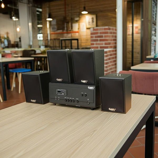 Loa thông báo, loa phát nhạc nền tự động A907PU-2K Goldsound 2 vùng âm lượng 900w + 4 loa Goldsound C25 màu đen, loa được thiết kế riêng cho quán, bật lớn không tạp âm, miễn phí công lắp đặt, bảo hành dài hạn 5 năm.