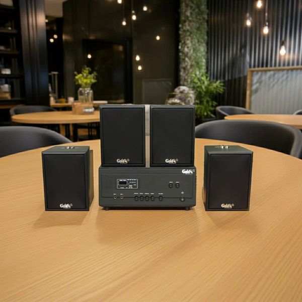 Loa thông báo, loa phát nhạc nền tự động A907PU-2K Goldsound 2 vùng âm lượng 900w + 4 loa Goldsound C25 màu đen, loa được thiết kế riêng cho quán, bật lớn không tạp âm, miễn phí công lắp đặt, bảo hành dài hạn 5 năm.