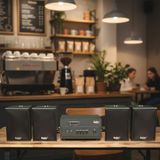 Dàn loa thông báo, loa phát nhạc nền tự động A154PU Goldsound 150w + 4 loa Goldsound C25 màu đen - 23w, loa được thiết kế riêng cho quán, bật lớn không tạp âm, miễn phí công lắp đặt, bảo hành dài hạn 5 năm.