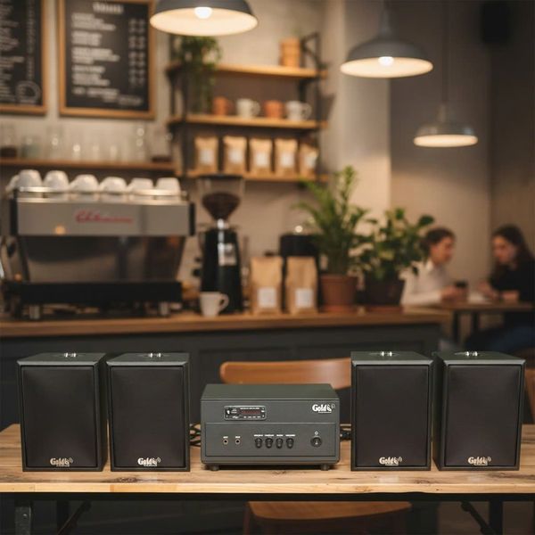 Dàn loa thông báo, loa phát nhạc nền tự động A154PU Goldsound 150w + 4 loa Goldsound C25 màu đen - 23w, loa được thiết kế riêng cho quán, bật lớn không tạp âm, miễn phí công lắp đặt, bảo hành dài hạn 5 năm.