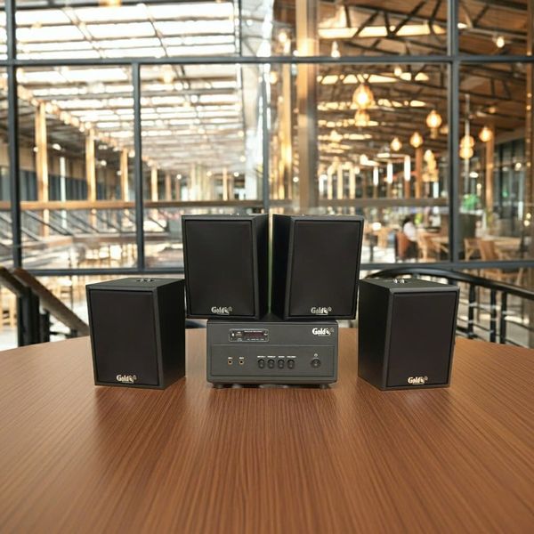 Dàn loa thông báo, loa phát nhạc nền tự động A154PU Goldsound 150w + 4 loa Goldsound C25 màu đen - 23w, loa được thiết kế riêng cho quán, bật lớn không tạp âm, miễn phí công lắp đặt, bảo hành dài hạn 5 năm.