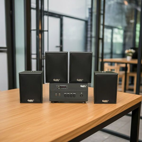 Dàn loa thông báo, loa phát nhạc nền tự động A154PU Goldsound 150w + 4 loa Goldsound C25 màu đen - 23w, loa được thiết kế riêng cho quán, bật lớn không tạp âm, miễn phí công lắp đặt, bảo hành dài hạn 5 năm.