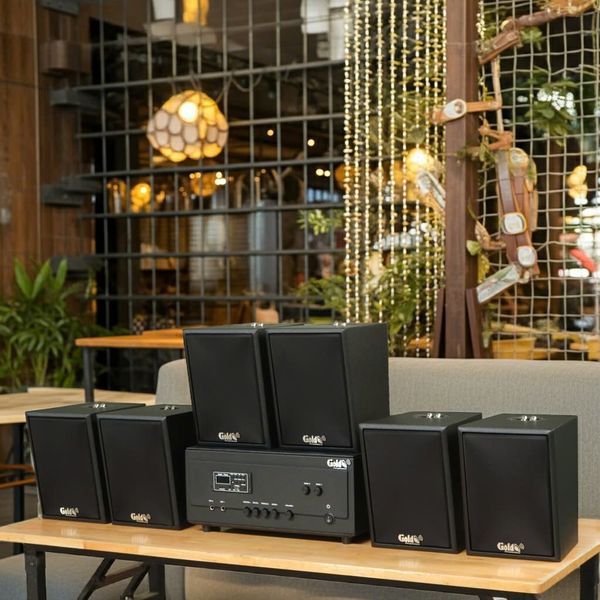 Dàn loa thông báo, loa phát nhạc nền tự động A907PU-2K Goldsound 2 vùng âm lượng 900w + 6 loa Goldsound C25 màu đen, loa được thiết kế riêng cho quán, bật lớn không tạp âm, miễn phí công lắp đặt, bảo hành dài hạn 5 năm.