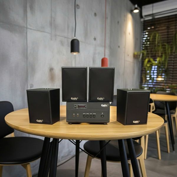 Dàn loa thông báo, loa phát nhạc nền tự động A154PU Goldsound 150w + 4 loa Goldsound C25 màu đen - 23w, loa được thiết kế riêng cho quán, bật lớn không tạp âm, miễn phí công lắp đặt, bảo hành dài hạn 5 năm.