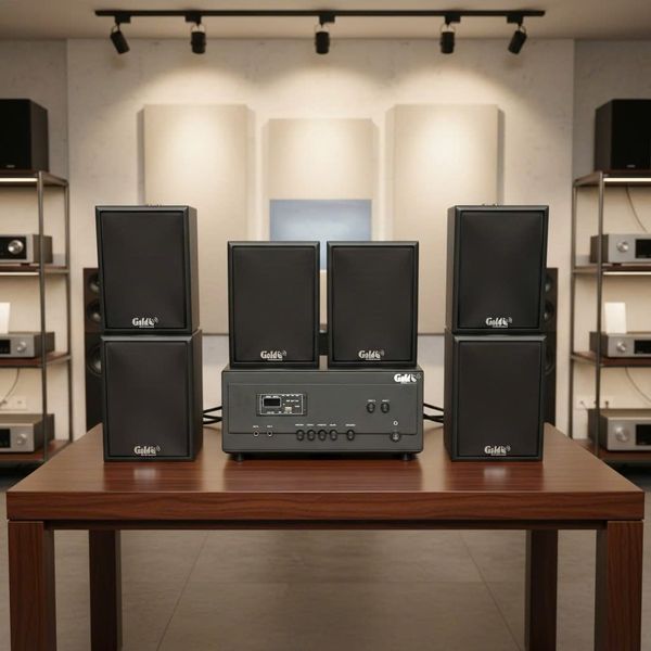 Dàn loa thông báo, loa phát nhạc nền tự động A907PU-2K Goldsound 2 vùng âm lượng 900w + 6 loa Goldsound C25 màu đen, loa được thiết kế riêng cho quán, bật lớn không tạp âm, miễn phí công lắp đặt, bảo hành dài hạn 5 năm.