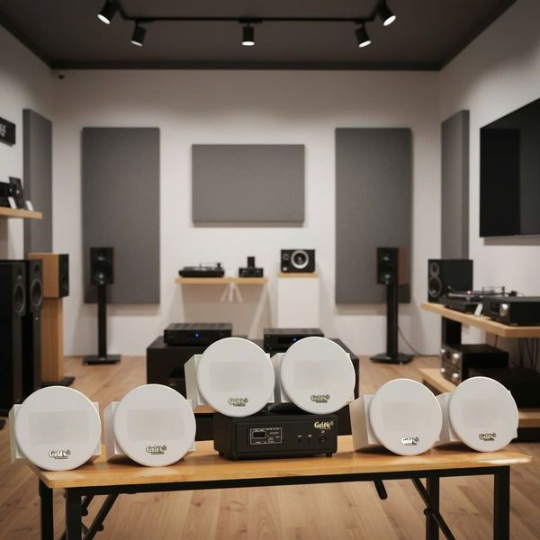 Dàn loa âm trần không dây: 01 amply A57 Goldsound + 6 loa âm trần không dây VAT30 UHF Goldsound, loa được thiết kế riêng cho quán, bật lớn không tạp âm, bảo hành dài hạn 5 năm.